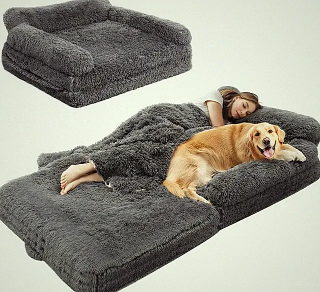 72" Foldable Human Dog Bed for Adults, Fluffy Faux Fur with Blanket, Orthopedic