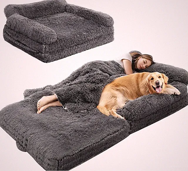 Extra Large 72" Foldable Orthopedic Dog Bed with Faux Fur & Memory Foam