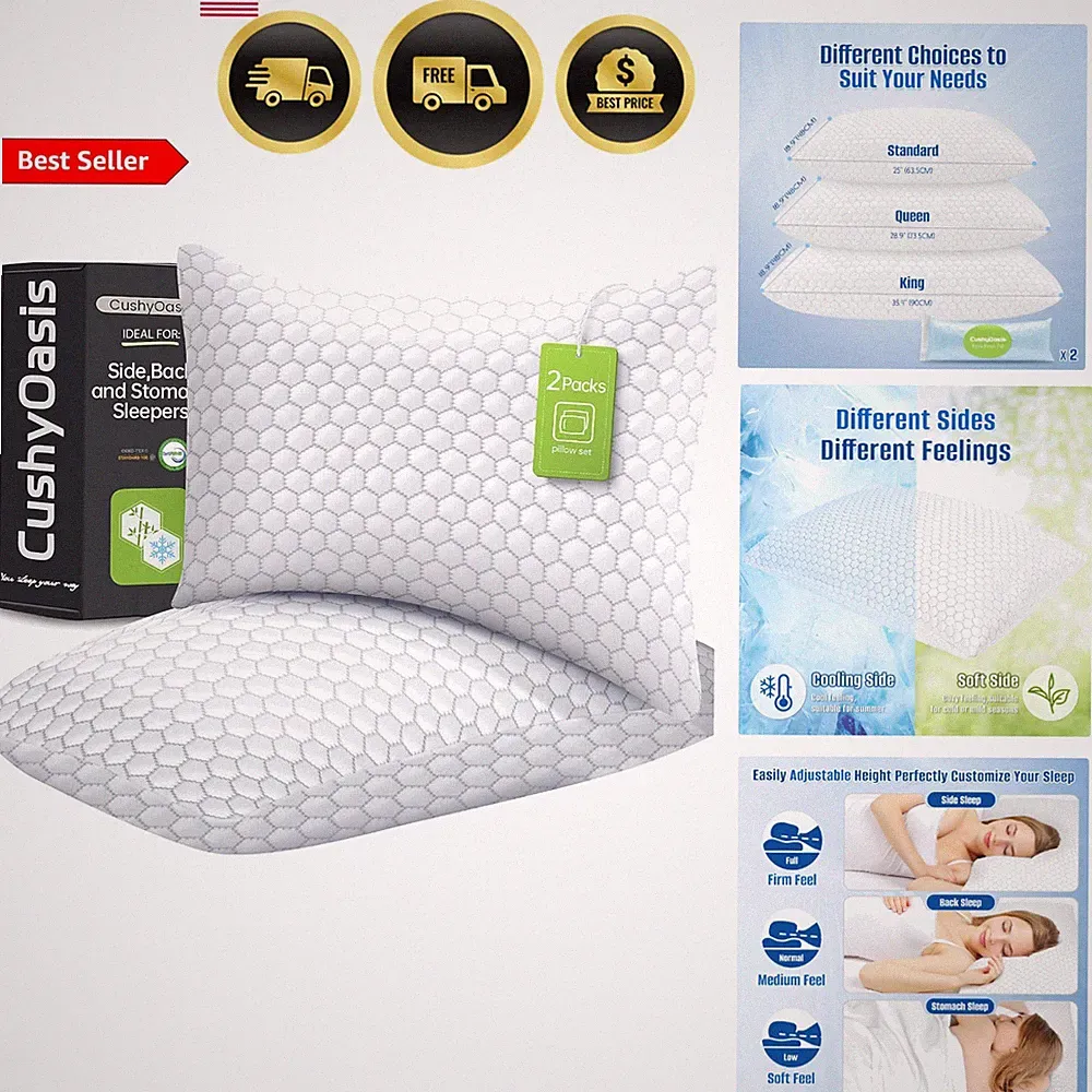 Memory Foam Pillow Cooling Bed Pillows Set of 2 Adjustable Queen Size Grey