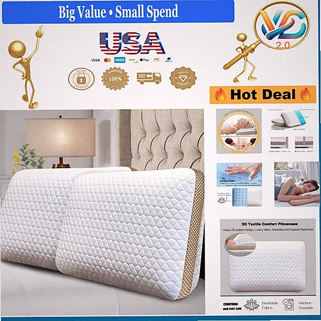 Memory Foam Pillow Set of 2 Medium Firm Gel Support Bed Pillows 23.6"x15.7"
