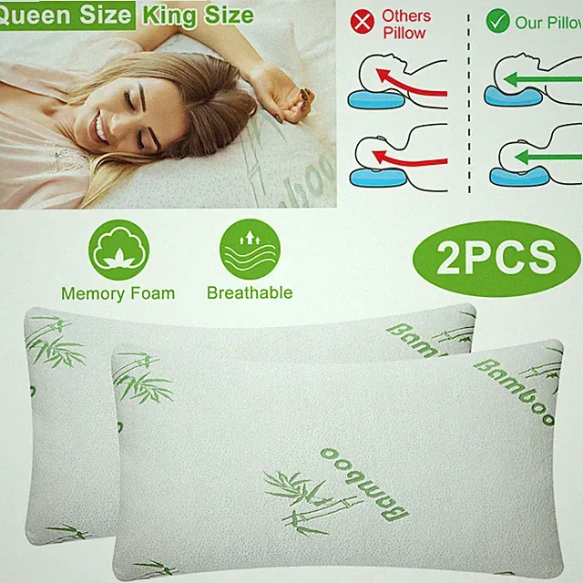 Queen&King Size Shredded Memory Foam Pillows 2PCS w/ Bamboo Breathable Cover